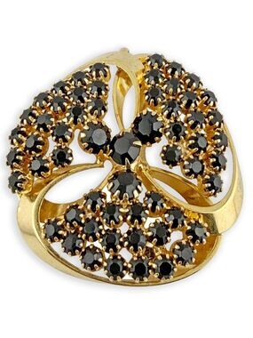 Ribbon Pendant MCM Black Onyx Glass Rhinestone Gold Tone Statement - Vintage